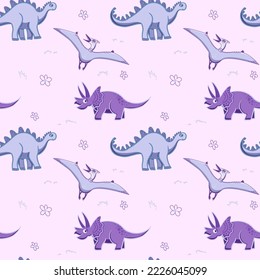 Dino background. Seamless pattern with dinosaurs, baby pattern. Cute vector texture for kids bedding, fabric, wallpaper, wrapping paper, textile, t-shirt print. Cartoon style, vector.