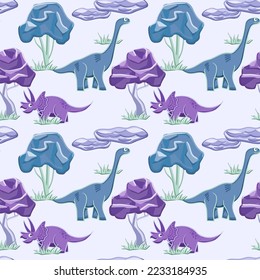 Dino background. Seamless pattern with dinosaurs, baby pattern. Cute vector texture for kids bedding, fabric, wallpaper, wrapping paper, textile, t-shirt print. Cartoon style, vector.