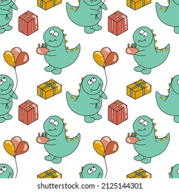 Dino Birthday party. Cute dinosaurs with gifts and balloons. Vector seamless pattern