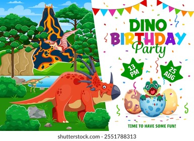 Dino birthday party flyer with cartoon dinosaurs, reptiles and pterosaur characters. Prehistoric volcano and forest vector background with dino baby, dinosaur eggs, confetti and flags, invite card