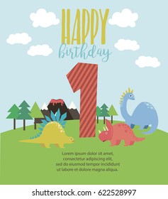 Dino Birthday party greeting card. Vector illustration