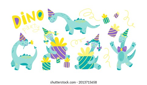 Dino Birthday Party. Hilarious funny dinosaurs in festive caps and gifts. Set of dinosaur 