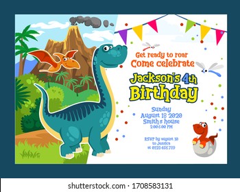 Dino Birthday Party Invitation With Dinosaurs Vector Illustration. Friendly Dragon With Little Bird Friend Cartoon Design. Get Ready To Roar. Festive Celebration Concept