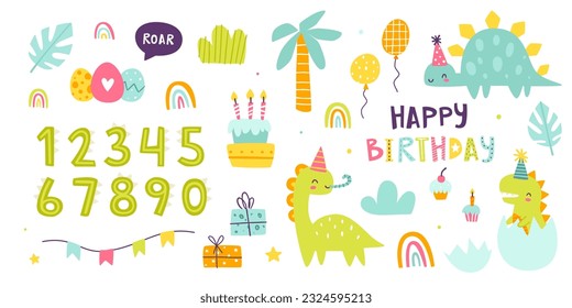 Dino birthday party set with numbers. Cute doodle dinosaurs celebration collection. Vector bundle with festive dino.