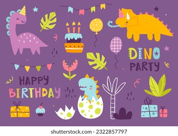Dino birthday party set. Purple doodle dinosaurs celebration collection. Stickers bundle with festive dino and decoration.