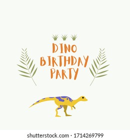 Dino Birthday Party vector postcard, Dinosaur vector colorful illustration for kids 