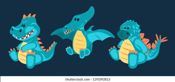 Dino Blue little cute baby dinosaurs toy, set (1/3), cartoon design, vector illustration, T-Rex, pterodactyl, stegosaurus