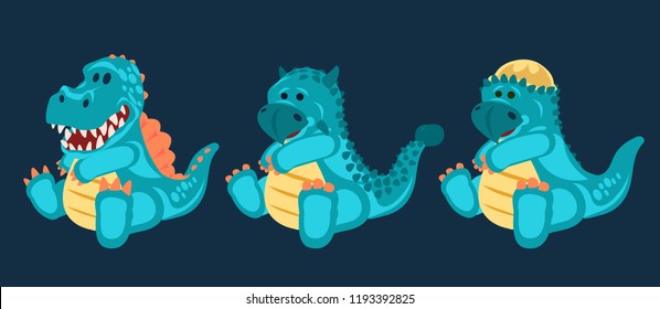 Dino Blue little cute baby dinosaurs toy, set (2/3), cartoon design, vector illustration, Spinosaurus, ankylosaurus, Pachycephalosaurus 