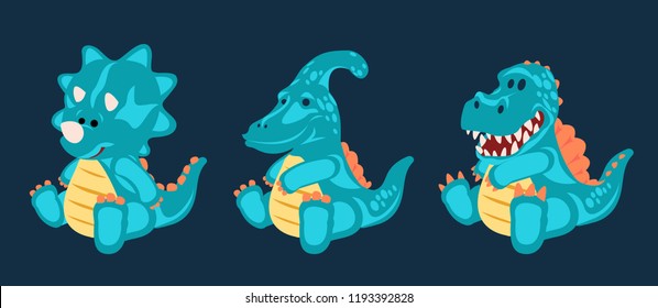 Dino Blue little cute baby dinosaurs toy, set (3/3), cartoon design, vector illustration, Triceratops, Parasaurolophus, Spinosaurus