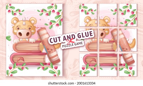 Dino with book, cut and glue - puzzle game.