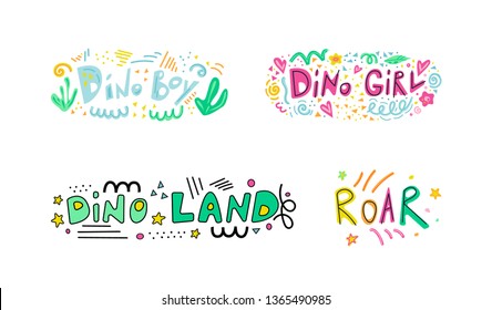 Dino boy, Dino girl, Dino land, Roar, lettering phrase. Sketch jurassic reptile. Isolated scandinavian cartoon illustration for kids game, book, t-shirts, banner