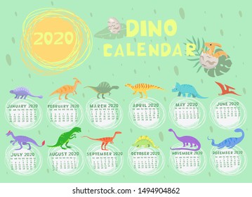 Dino calendar 2020. Vector graphics.