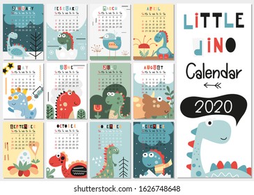 Dino Calendar 2020. Yearly Planner Calender with all Months. Templates with cute hand drawn dinosaurs. Vector illustration. Great for kids, nursery, poster and printable.