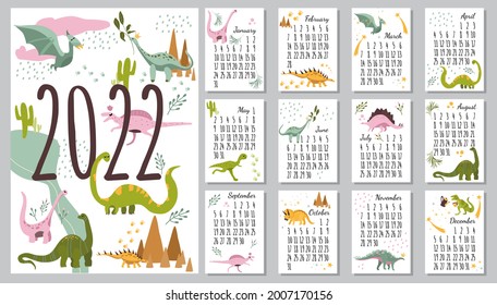 Dino Calendar 2022.Cute hand drawn baby dinosaurs.Template in size A4 A3 A2 A5.Vertical format. Week starts on Monday.Abstract prehistoric reptiles.Set of 12 sketch animals.New year card.Vector