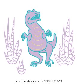 Dino character and simple tropical plants. Cute colorful funny dinosaur vector illustration set  isolated on background. Illustration for kids, boys, girls, t-shirt, clothes, games, cards.