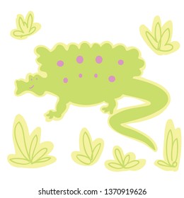 Dino character and simple tropical plants. Cute colorful funny dinosaur vector illustration set  isolated on background. Illustration for kids, boys, girls, t-shirt, clothes, games, cards.