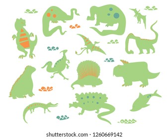 Dino characters. Cute funny dinosaurs illustration vector set isolated on background. Illustration for kids, boys, girls, t-shirt, clothes, games, cards.