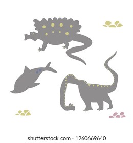 Dino characters. Cute funny dinosaurs illustration vector set isolated on background. Illustration for kids, fashion clothes. Ianthasarus, ichthynosaurus, anatosaurus.
