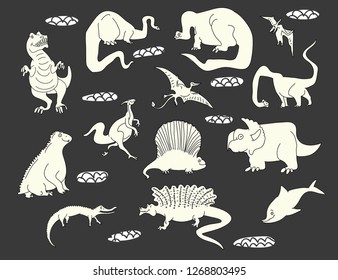 Dino characters. Cute funny dinosaurs illustration vector set isolated on background. Illustration for kids, boys, girls, t-shirt, clothes, games, cards.