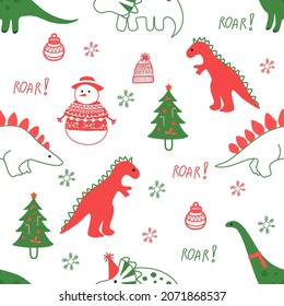 Dino with Christmas elements seamless pattern in doodle style on white background for fashion print, wallpaper, gift wrapping paper