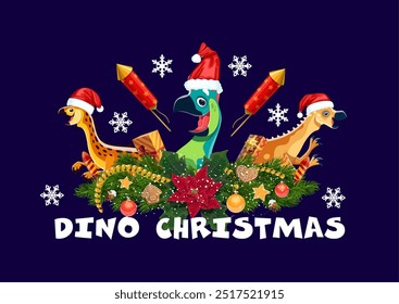 Dino Navidad saludos con divertidos dinosaurios de Santa en corona de flores para las vacaciones de invierno, Vector de dibujos animados. Felices lagartijas y dinosaurios del Jurásico en sombreros de Santa con flauta, petardos y copos de nieve