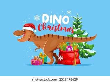 Saudações de Natal Dino, T-rex dinossauro Santa com presentes para férias de inverno, vetor de desenhos animados. Lagarto de dino jurássico ou tiranossauro feliz Rex como Santasaurus com pinheira de Natal, flocos de neve