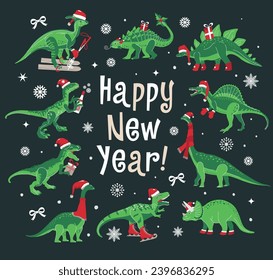 Dino Christmas Party Happy New Year. Dinosaur in Santa hat decorates. Vector illustration of funny character in cartoon flat style.