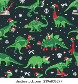 Dino Christmas Party Tree Rex. Dinosaur in Santa hat decorates. Vector seamless pattern of funny character in cartoon flat style.