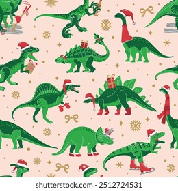 Dino Christmas Party Tree Rex. Dinosaur in Santa hat decorates. Vector seamless pattern of funny character in cartoon flat style.