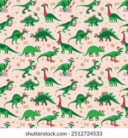 Dino Christmas Party Tree Rex. Dinosaur in Santa hat decorates. Vector seamless pattern of funny character in cartoon flat style.