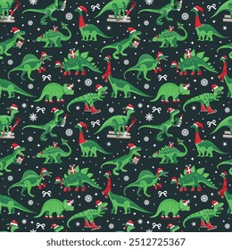 Dino Christmas Party Tree Rex. Dinosaur in Santa hat decorates. Vector seamless pattern of funny character in cartoon flat style.