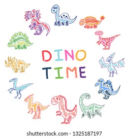 Dino clock face. 12 kinds of dinosaurus on every day hour. Funny and bright vector illustration. Marker texture for your design.