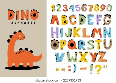 Dino collection with alphabet and numbers. Funny comic font in simple hand drawn cartoon style. Dinosaur characters. Colorful isolated doodles on a white background.