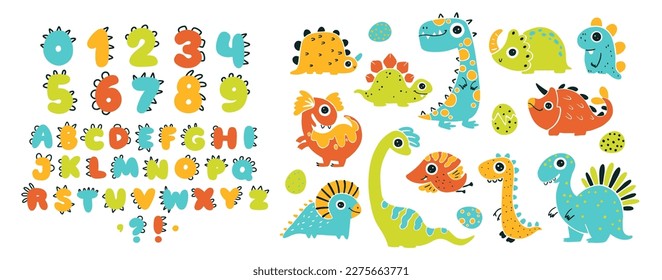 Dino collection with alphabet and numbers. Funny comic font in simple hand-drawn cartoon style. Various dinosaur characters. Colorful isolated doodles on a white background