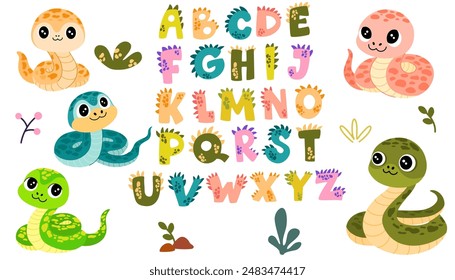 Dino Kollektion mit Alphabet. Verschiedene Dinosaurierfiguren. Lustige Comic-Schrift in einfachem handgezeichnetem Cartoon-Stil. Vektorillustrationen für Kinder.