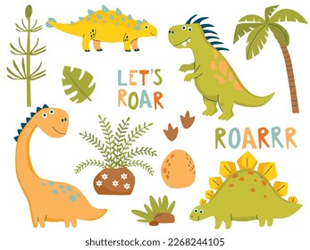 Dino collection in simple hand drawn cartoon style.