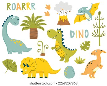 Dino collection in simple hand drawn cartoon style.