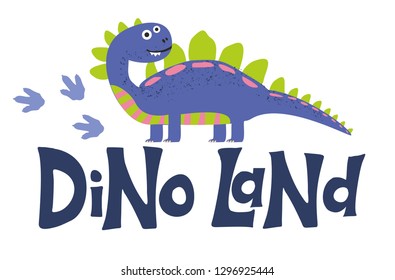 Dino color flat hand drawn vector character. Cute dinosaur. Sketch stegosaurus with lettering. Stegosaurus. Isolated cartoon illustration for kid game, book, t-shirt, textile 