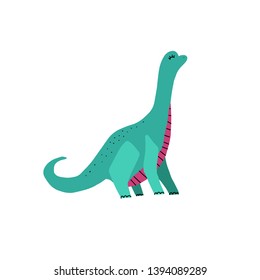 Dino color flat hand drawn vector character. Cute long neck dinosaur. Sketch Brachiosaurus with decor. Isolated cartoon illustration for kid game, book, t-shirt, textile isolated on white background.