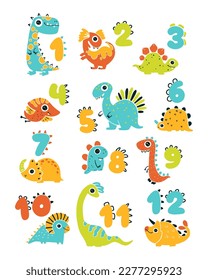 Dino count from 1 to 12 for kids. A cheerful poster for a nursery, school, kindergarten. Color cute vector hand-drawn childish characters and bright numbers on white background ready for printing