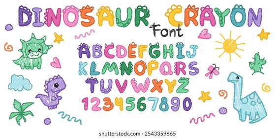 Dino crayon font with alphabet letters and numbers, cute dinosaurs character collection in hand drawn doodle chalk style for your design, nursery or kindergarten banners and posters. Vector illustrati