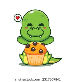 dino with cup cake cartoon vector illustration.