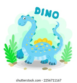 Dino. Cute cartoon blue dinosaur. Children's illustration. For the design of prints, posters, cards, puzzles, board games and so on. Vector