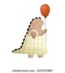 dino, cute dinosaur illustration. Funny cartton dinos on birthday, party with gifts, balloons on white background