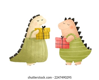 dino, cute dinosaur illustration. Funny cartton dinos on birthday, party with gifts, balloons on white background