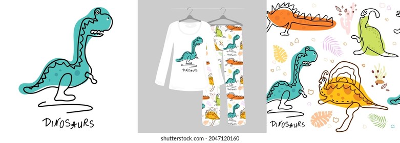 Dino. Cute dinosaurs, cartoon animals on a white background. Seamless pattern for girls, boys, children. Children's Pajamas. Vector illustration. Typography of clothes, shirts, t-shirts. Hand-drawn.
