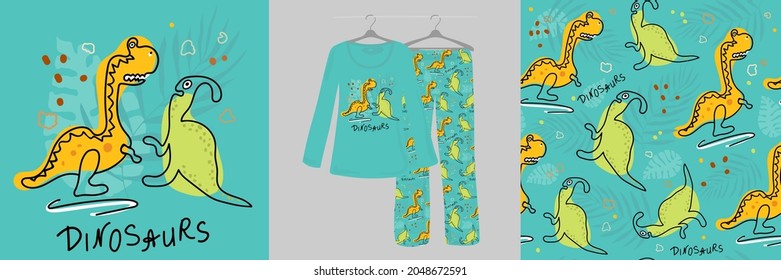 Dino. Dinosaurios bonitos, animales de dibujos animados de fondo azul. Patrón sin foco para niñas, niños, niños. Pajamas para niños. Ilustración vectorial. Tipografía de ropa, camisas, camisetas. Obtenido a mano. 