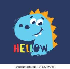 Dino cute and funny t-shirt print. Dinosaur t-rex kids design, tyrannosaurus nursery poster. Animal dude baby apparel summer vector. Hand drawn. Slogan Hello.