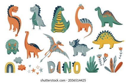 Dino cute vector illustration set with animal baby dinosaurs and design elements in flat cartoon scandinavian trendy style isolated on white background. Kid character monsters for cool nursery prints.