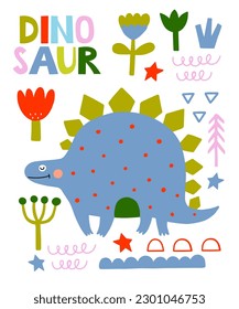 Dino cute vector kids composition. Dinosaur scandinavian illustration. For children party.